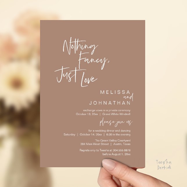 Invitation Rien de Fantaisiste Juste de l'Amour, Dîner de Mar (Nothing Fancy Just Love, Modern Wedding Dinner Invitation Card in Warm Taupe Brown)