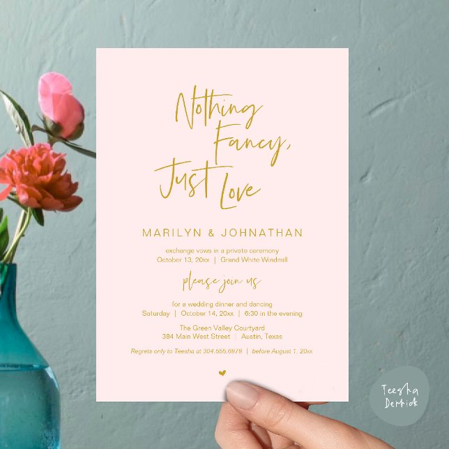 Invitation Rien de Fantaisiste Juste de l'Amour, Dîner de Réc (Nothing Fancy Just Love, Modern Reception Dinner Invitation Card in Blush Gold)