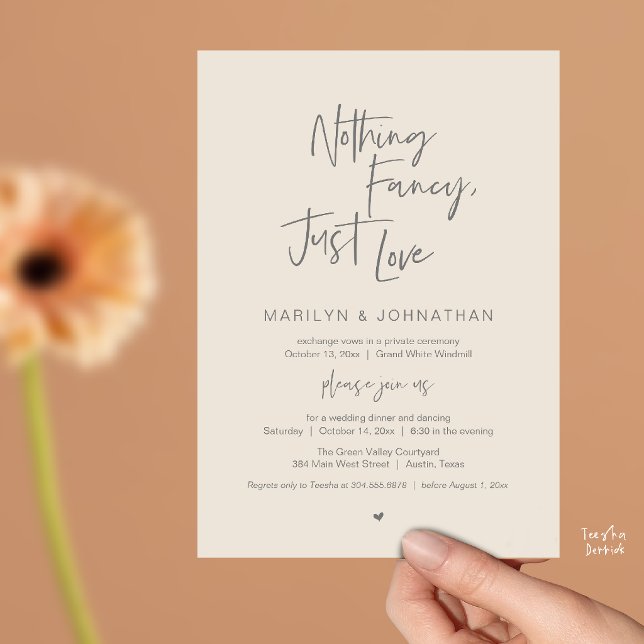Invitation Rien de Fantaisiste Juste de l'Amour, Dîner de Réc (Nothing Fancy Just Love, Modern Reception Dinner Invitation Card in Cream Grey)