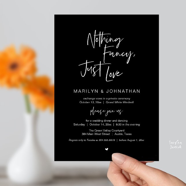 Invitation Rien de Fantaisiste Juste de l'Amour, Dîner de Réc (Nothing Fancy Just Love, Modern Reception Dinner Invitation Card in Classy Black)