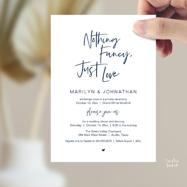 Invitation Rien de Fantaisiste Juste de l'Amour, Dîner de Réc (Nothing Fancy Just Love, Modern Reception Dinner Invitation Card in Navy Blue)
