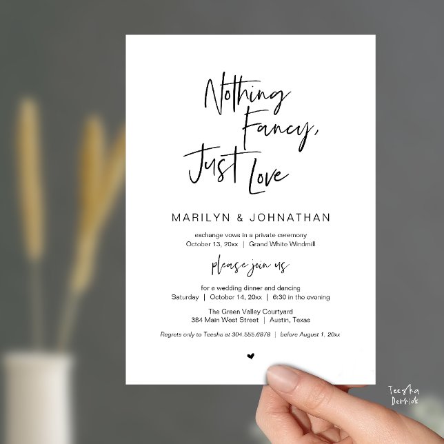Invitation Rien de Fantaisiste Juste de l'Amour, Dîner de Réc (Nothing Fancy Just Love, Modern Reception Dinner Invitation Card in Black and White)