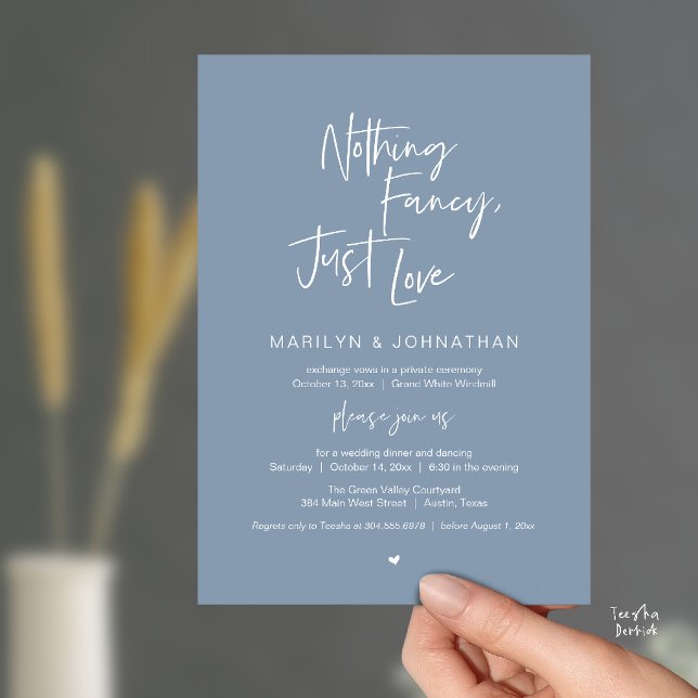 Invitation Rien de Fantaisiste Juste de l'Amour, Dîner de Réc (Nothing Fancy Just Love, Modern Reception Dinner Invitation Card in Dusty Blue)