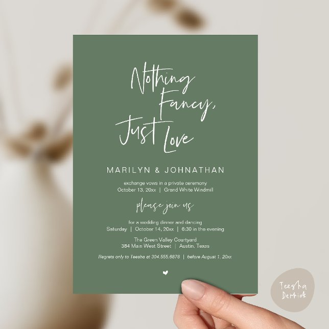 Invitation Rien de Fantaisiste Juste de l'Amour, Dîner de Réc (Nothing Fancy Just Love, Modern Reception Dinner Invitation Card in Sage Green)