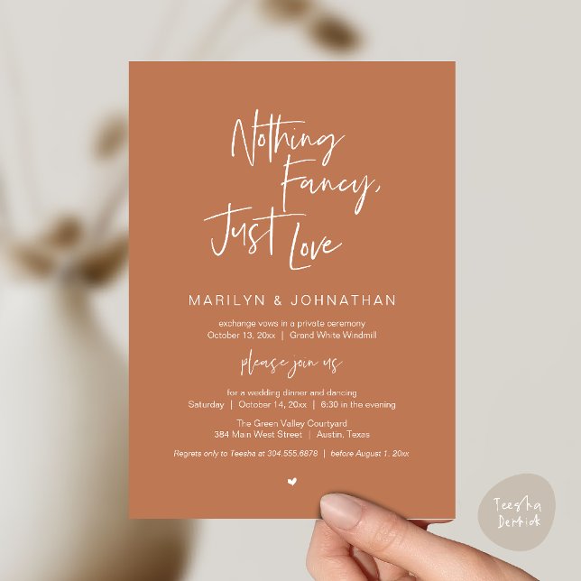 Invitation Rien de Fantaisiste Juste de l'Amour, Dîner de Réc (Nothing Fancy Just Love, Modern Reception Dinner Invitation Card in Terracotta Copper Brown)