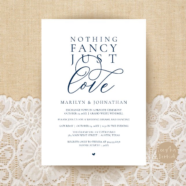 Invitation Rien de Fantaisiste Juste de l'Amour, Dîner de Réc (Nothing Fancy Just Love, Modern Reception Dinner Invitation Card in Navy Blue)