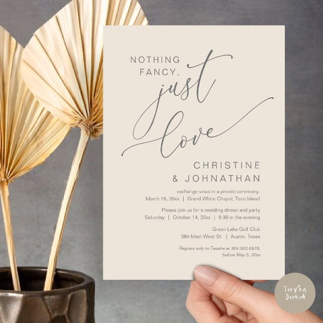 Invitation Rien de Fantaisiste, Juste de l'Amour, Dîner d'Élo (Nothing Fancy Just Love Wedding Elopement Dinner Party Lunch Brunch Invitation Card, PDF, Grey Cream)