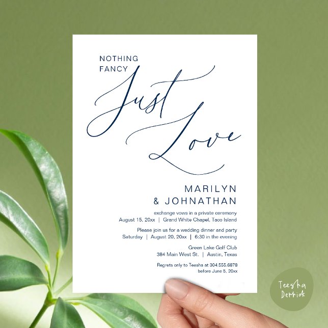 Invitation Rien de Fantaisiste, Juste de l'Amour, Dîner d'Élo (Nothing Fancy, Just Love, Wedding Elopement Dinner Brunch Lunch Party Invites Card PDF, Navy Blue)