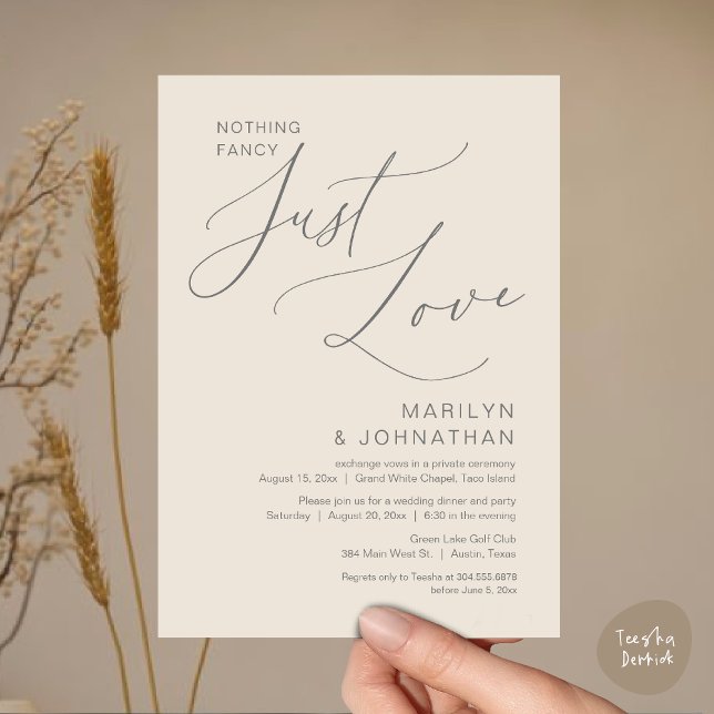 Invitation Rien de Fantaisiste, Juste de l'Amour, Dîner d'Élo (Nothing Fancy, Just Love, Wedding Elopement Dinner Brunch Lunch Party Invites Card PDF, Cream Grey)