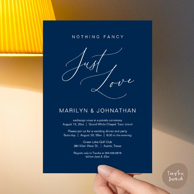 Invitation Rien de Fantaisiste, Juste de l'Amour, Dîner d'Élo (Nothing Fancy, Just Love, Wedding Elopement Dinner Brunch Lunch Party Invites Card PDF, Navy Blue)