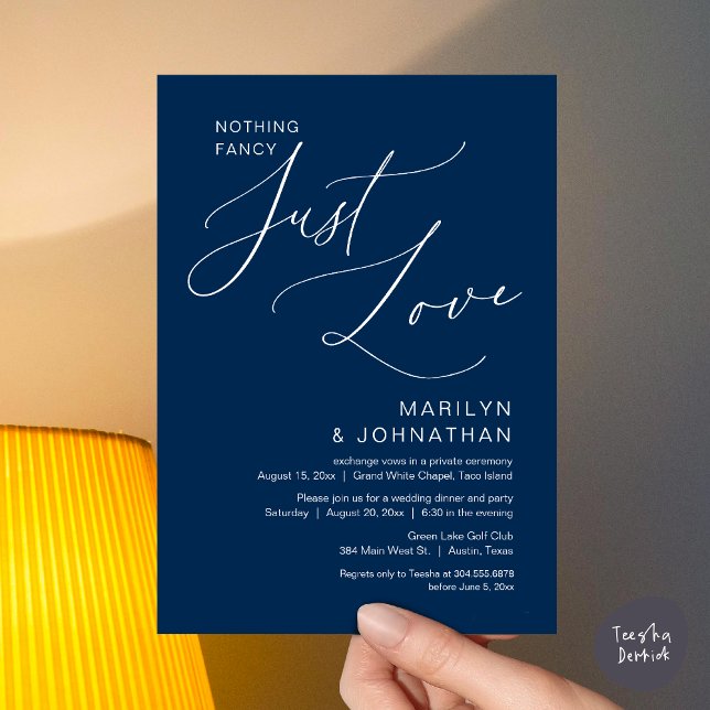 Invitation Rien de Fantaisiste, Juste de l'Amour, Dîner d'Élo (Nothing Fancy, Just Love, Wedding Elopement Dinner Brunch Lunch Party Invites Card PDF, Navy Blue)