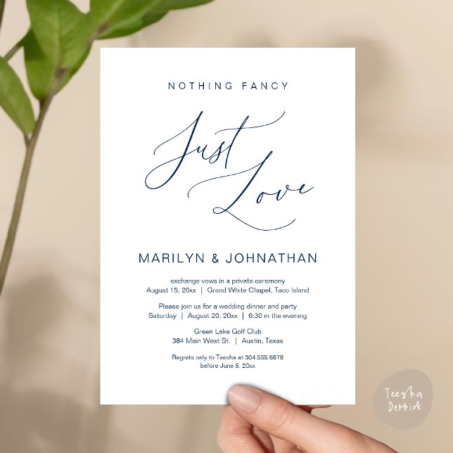 Invitation Rien de Fantaisiste, Juste de l'Amour, Dîner d'Élo (Nothing Fancy, Just Love, Wedding Elopement Dinner Brunch Lunch Party Invites Card PDF, Navy Blue)