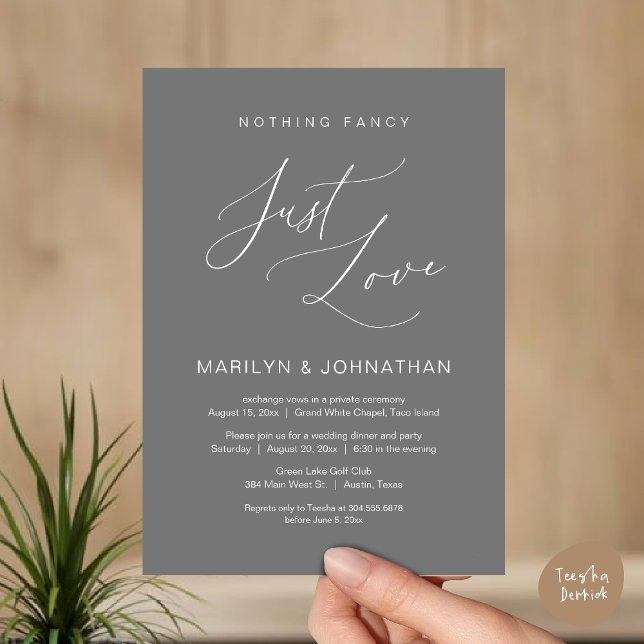 Invitation Rien de Fantaisiste, Juste de l'Amour, Dîner d'Élo (Nothing Fancy, Just Love, Wedding Elopement Dinner Brunch Lunch Party Invites Card PDF, Dark Grey)