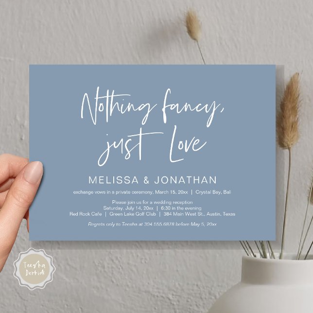 Invitation Rien de fantaisiste, juste de l'amour, fête de mar (Nothing Fancy Just Love, Wedding Elopement Dinner Party Invitation Card, PDF, Modern, Dusty Blue)