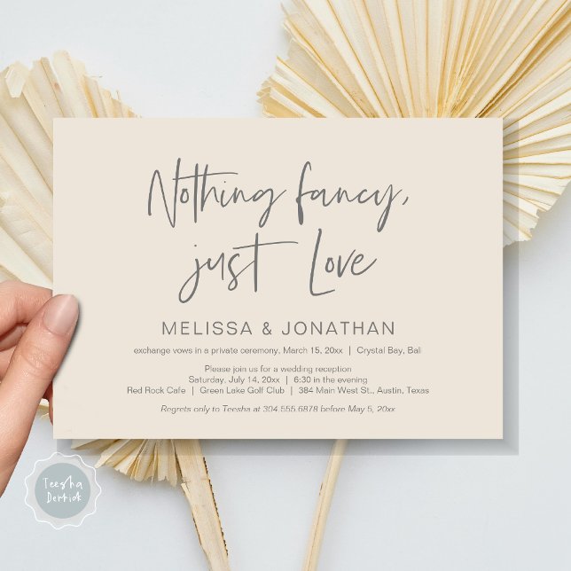 Invitation Rien de fantaisiste, juste de l'amour, fête de mar (Nothing Fancy Just Love, Wedding Elopement Dinner Party Invitation Card, PDF,, Dark Grey Cream)