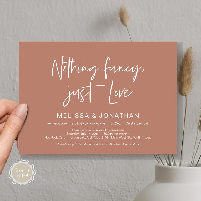 Invitation Rien de fantaisiste, juste de l'amour, mariage fia (Nothing Fancy Just Love, Wedding Elopement Dinner Party Invitation Card, PDF, Terracotta Earthy )
