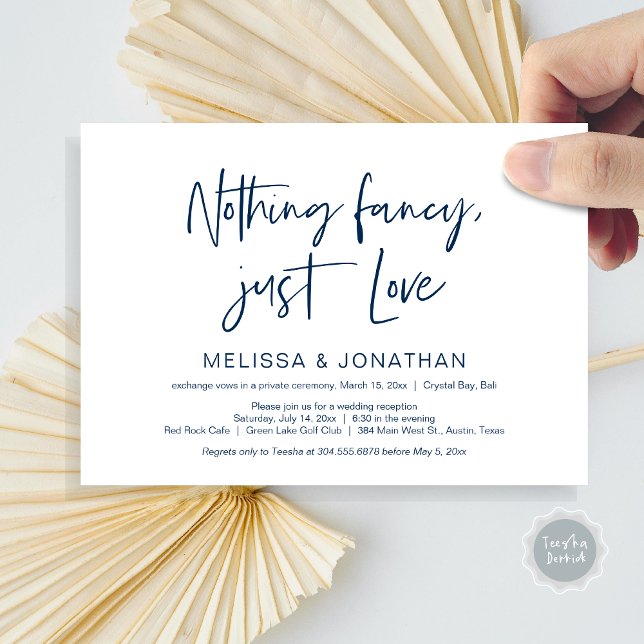 Invitation Rien de fantaisiste, juste de l'amour, mariage fug (Nothing Fancy Just Love, Wedding Elopement Dinner Party Invitation Card, PDF, Modern, Navy Blue)