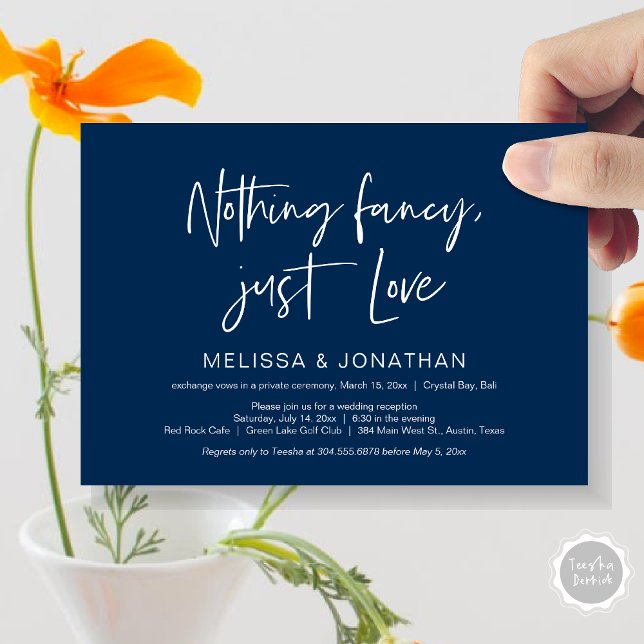 Invitation Rien de fantaisiste, juste de l'amour, mariage fug (Nothing Fancy Just Love, Wedding Elopement Dinner Party Invitation Card, PDF, Modern, Navy Blue)