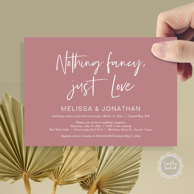 Invitation Rien de fantaisiste, juste de l'amour, mariage fug (Nothing Fancy Just Love, Wedding Elopement Dinner Party Invitation Card, PDF, Classy Dusty Rose Pink)