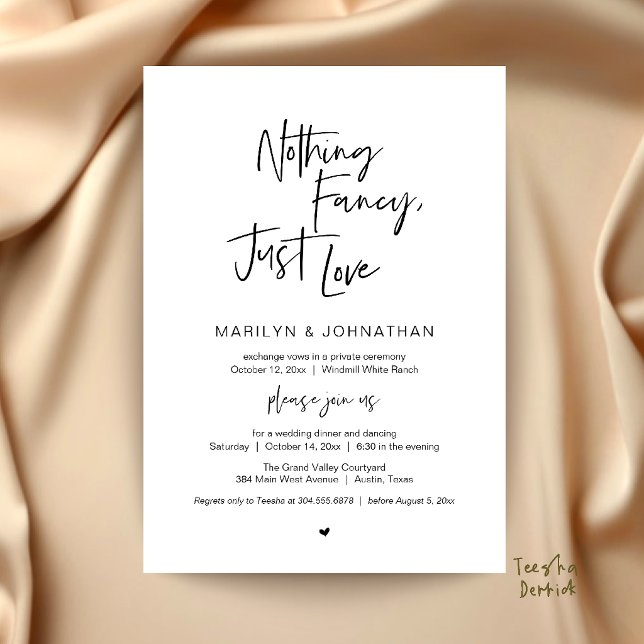 Invitation Rien de Fantaisiste, Juste de l'Amour, Mariage Min (Nothing Fancy Just Love Minimalist Wedding Dinner Invitation Card in Black and White)