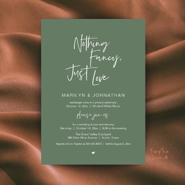 Invitation Rien de Fantaisiste, Juste de l'Amour, Mariage Min (Nothing Fancy Just Love Minimalist Wedding Dinner Invitation Card in Sage Green)