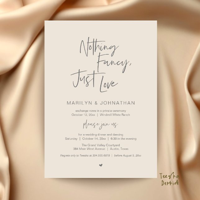 Invitation Rien de Fantaisiste, Juste de l'Amour, Mariage Min (Nothing Fancy Just Love Minimalist Wedding Dinner Invitation Card in Cream and Dark Grey)