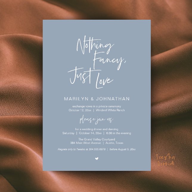 Invitation Rien de Fantaisiste, Juste de l'Amour, Mariage Min (Nothing Fancy Just Love Minimalist Wedding Dinner Invitation Card in Dusty Blue)