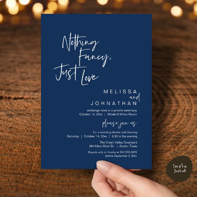 Invitation Rien de fantaisiste, juste de l'amour, Réception d (Nothing Fancy Just Love, Modern Wedding Reception Dinner Lunch Brunch Invites Card Navy Blue)