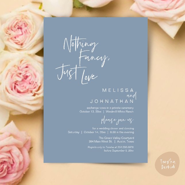 Invitation Rien de fantaisiste, juste de l'amour, Réception d (Nothing Fancy Just Love, Modern Wedding Reception Dinner Lunch Brunch Invites Card in Dusty Blue)