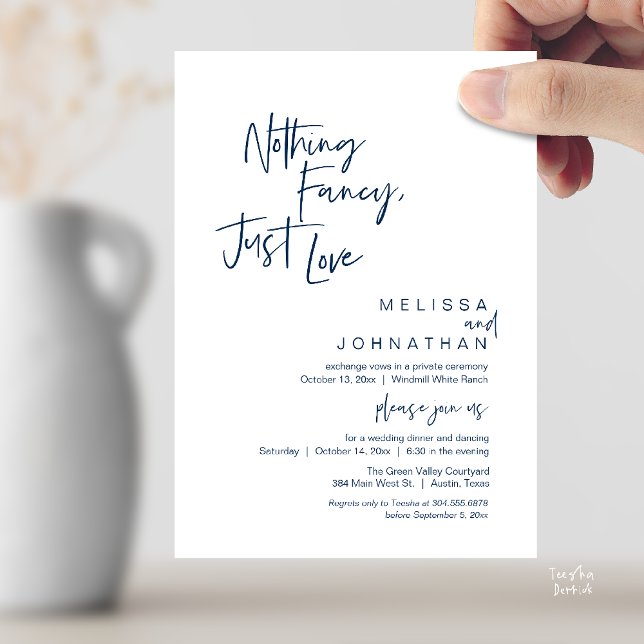 Invitation Rien de fantaisiste, juste de l'amour, Réception d (Nothing Fancy Just Love, Modern Wedding Reception Dinner Lunch Brunch Invites Card Navy Blue)