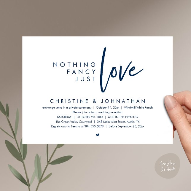Invitation Rien de Fantaisiste, Juste de l'Amour, Réception d (Nothing Fancy, Just Love, Modern Wedding Reception Dinner Lunch Brunch Invitation Card in Navy Blue)