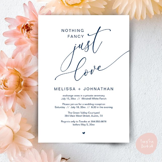 Invitation Rien de Fantaisiste, Juste de l'Amour, Réception d (Nothing Fancy Just Love Wedding Reception Dinner Lunch Brunch Romantic Invites Card PDF Navy Blue)