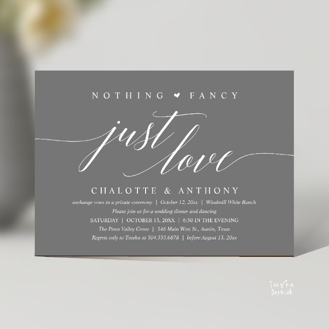 Invitation Rien de Fantaisiste, Juste de l'Amour, Réception M (Modern Classy Nothing Fancy, Just Love, Wedding Reception Dinner Invitation Card in Dark Grey)
