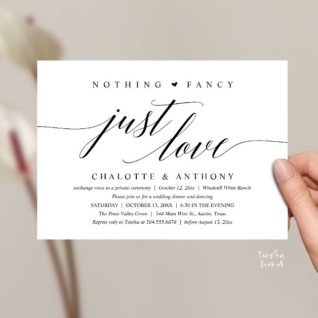 Invitation Rien de fantaisiste, juste de l'amour, réception m (Modern Classy Nothing Fancy, Just Love, Wedding Reception Dinner Invitation Card in Black and White)