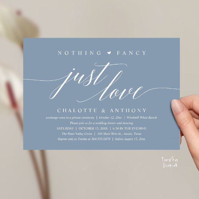 Invitation Rien de Fantaisiste, Juste de l'Amour, Réception M (Modern Classy Nothing Fancy, Just Love, Wedding Reception Dinner Invitation Card in Dusty Blue)