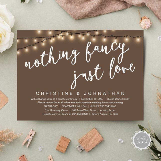 Invitation Rien de Fantaisiste, Juste de l'Amour Repas de Mar (Nothing Fancy, Just Love Rustic Wedding Dinner Invitation Card PDF String Lights Earthy Taupe Brown)