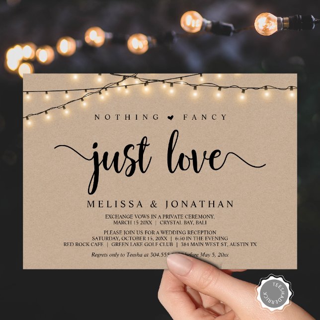 Invitation Rien de fantaisiste, juste l'amour, Mariage intime (Nothing Fancy, Just Love, Wedding Elopement Invitation Card, String Lights Brown Kraft, Downloadable)