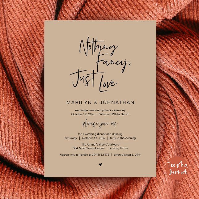 Invitation Rien de Fantaisiste Juste l'Amour Mariage Minimali (Nothing Fancy Just Love Minimalist Wedding Dinner Invitation Card in Brown Tan)