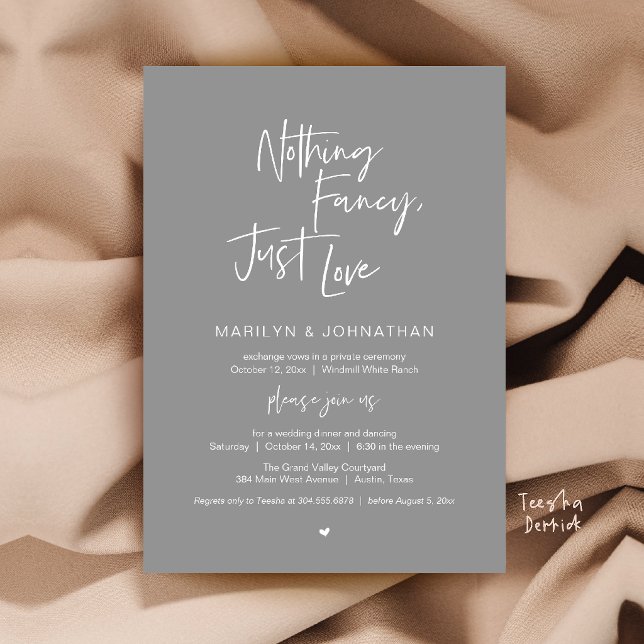 Invitation Rien de Fantaisiste Juste l'Amour Mariage Minimali (Nothing Fancy Just Love Minimalist Wedding Dinner Invitation Card in Chill Grey )