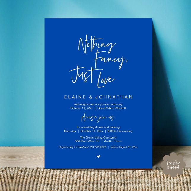 Invitation Rien de fantaisiste, juste l'amour Moderne Minimal (Nothing Fancy Just Love Modern Minimalist Casual Wedding Dinner Invitation Card in Cobalt Blue Ivory)
