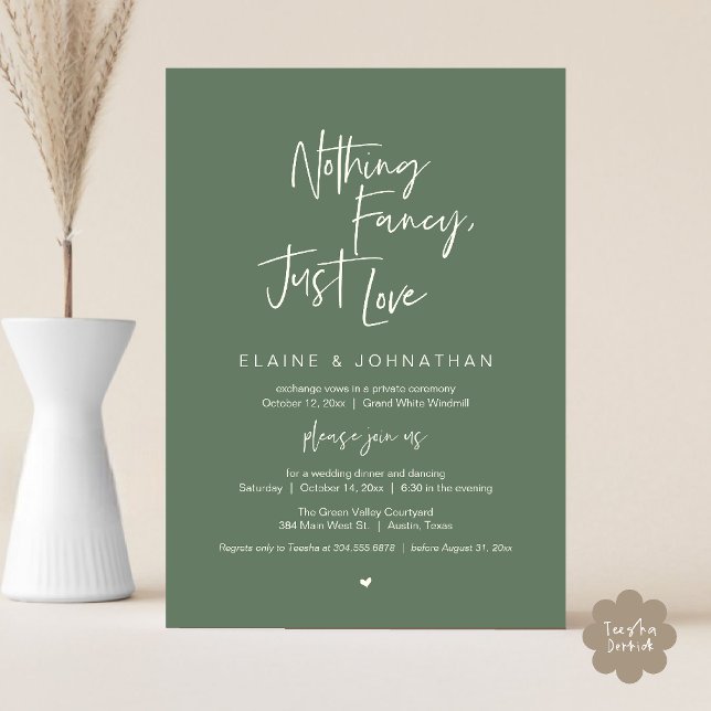Invitation Rien de fantaisiste, juste l'amour Moderne Minimal (Nothing Fancy Just Love Modern Minimalist Casual Wedding Dinner Invitation Card in Sage Green)
