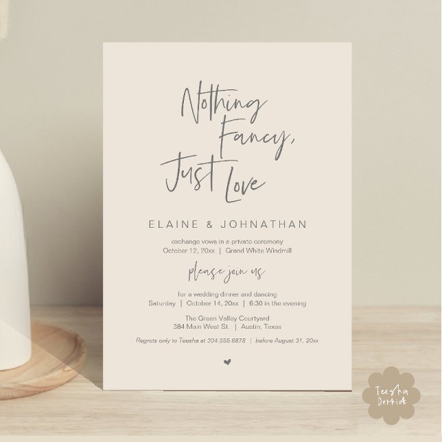 Invitation Rien de fantaisiste, juste l'amour Moderne Minimal (Nothing Fancy Just Love Modern Minimalist Casual Wedding Dinner Invitation Card in Cream Grey)