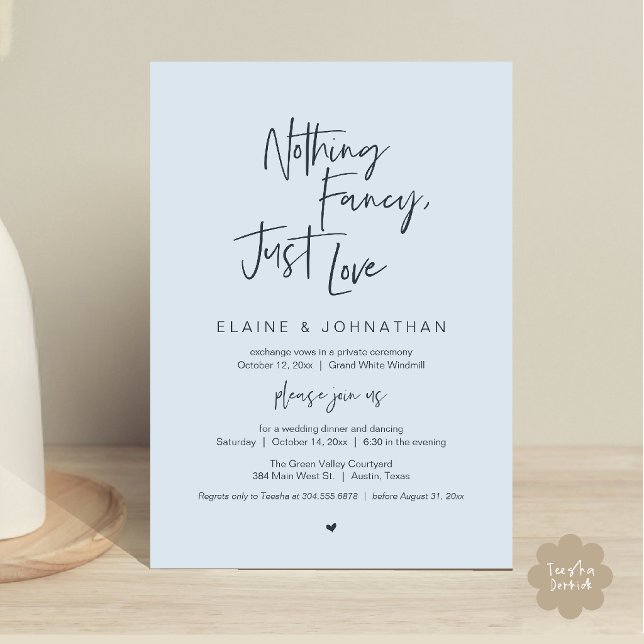 Invitation Rien de fantaisiste, juste l'amour Moderne Minimal (Nothing Fancy Just Love Modern Minimalist Casual Wedding Dinner Invitation Card in Misty Blue)