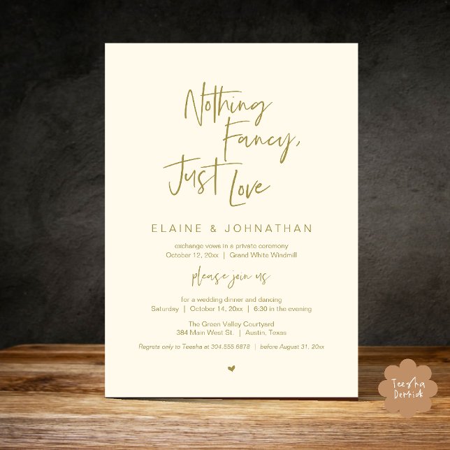 Invitation Rien de fantaisiste, juste l'amour Moderne Minimal (Nothing Fancy Just Love Modern Minimalist Casual Wedding Dinner Invitation Card in Gold Yellow Cream)