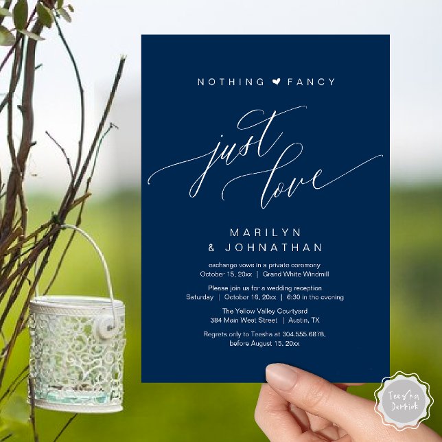 Invitation Rien de Fantaisiste Juste l'Amour Réception de Mar (Nothing Fancy Just Love Modern Wedding Reception Dinner Invitation Card in Navy Blue)