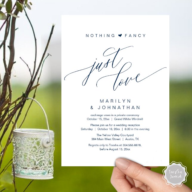 Invitation Rien de Fantaisiste Juste l'Amour Réception de Mar (Nothing Fancy Just Love Modern Wedding Reception Dinner Invitation Card in Navy Blue)