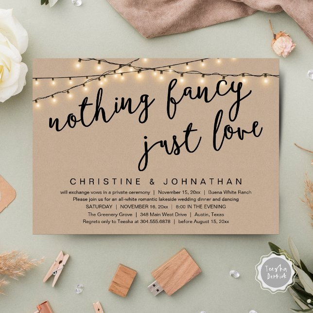 Invitation Rien de fantaisiste, juste un dîner de mariage rus (Nothing Fancy, Just Love Rustic Wedding Dinner Invitation Card PDF String Lights Brown kraft)