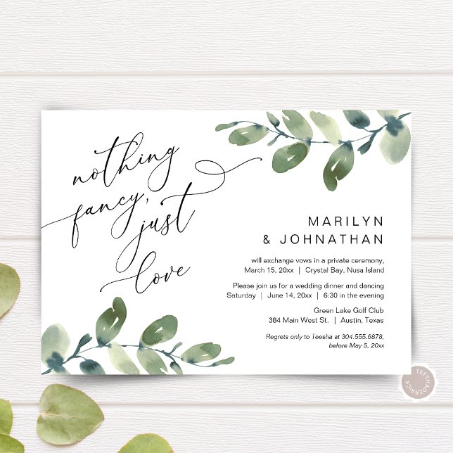 Invitation Rien de fantaisiste, juste un dîner d'élopement ve (Nothing Fancy, Just Love, post Wedding Elopement Dinner Invitation, in Eucalyptus Greenery themed)