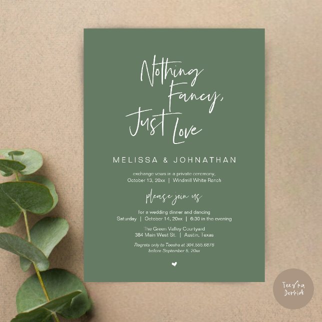 Invitation Rien de Fantastique Juste de l'Amour, Dîner de Mar (Nothing Fancy Just Love, Modern Wedding Reception Dinner Lunch Brunch Invites Card in Sage Green)