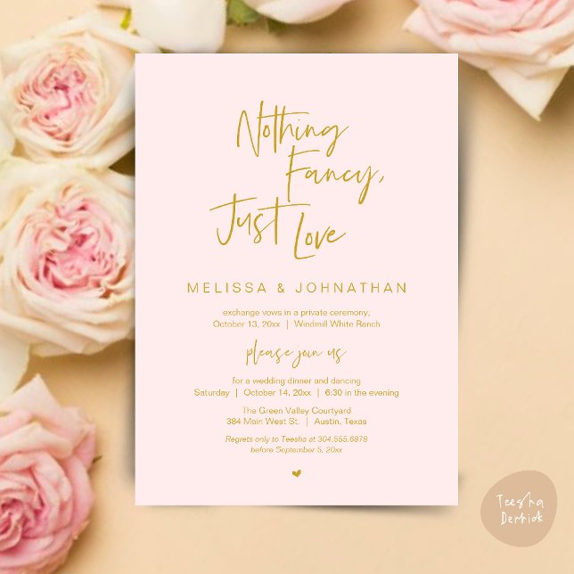 Invitation Rien de Fantastique Juste de l'Amour, Dîner de Mar (Nothing Fancy Just Love, Modern Wedding Reception Dinner Lunch Brunch Invites Card Yellow Gold Blush)
